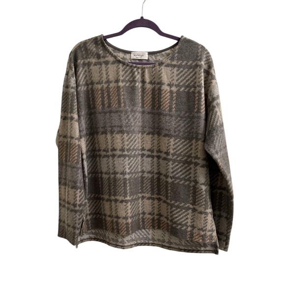 Kaleigh Soft Pink Gray Brushed Plaid Sweater Tunic Hi-lo Hem Size XL Preppy - Picture 1 of 3